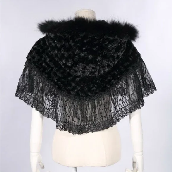 Gothic Lolita Steampunk Victorian Adorable Plush Fur & Lace Black Hooded Cape OS - Picture 6 of 11
